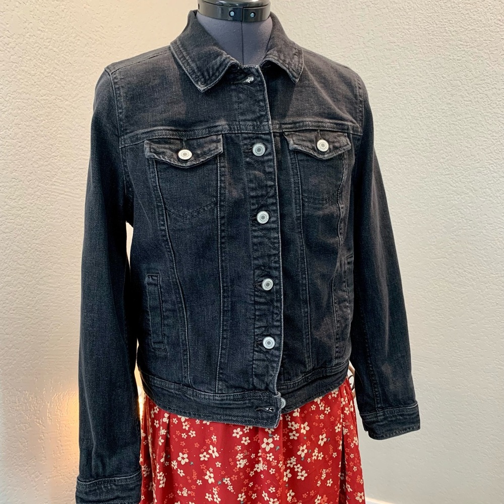 Black denim jacket.